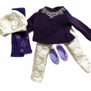 Toys R Us Purple & White Top, Pants. Hat, Shoes  & Scarf American Girl Doll Sz